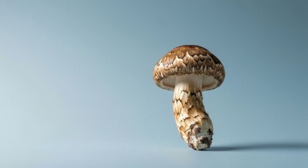 Single mushroom, brown cap, textured stem, plain backdrop