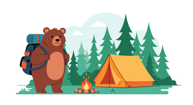 Friendly brown bear with a camping backpack standing by a tent and campfire in a forest of tall pine trees.