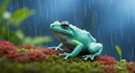 Teal frog in rain on moss
