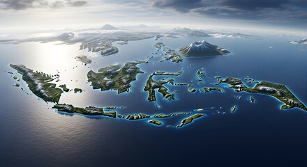 Aerial 3D render of Indonesia showing archipelago and sea
