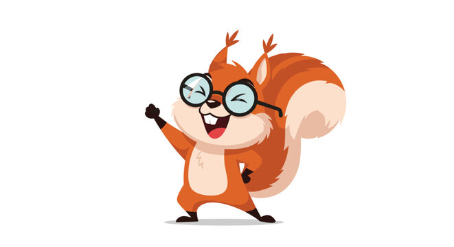 Cheerful cartoon squirrel character wearing large black glasses and raising one hand in excitement against a plain white background for kids.