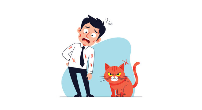 Sad businessman covered in scratches and wounds standing near a grumpy orange cat for funny and ironic pet ownership lifestyle theme.