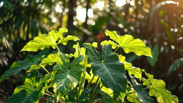 Lush green philodendron plant leaves shining brightly in the sun with a bokeh background.