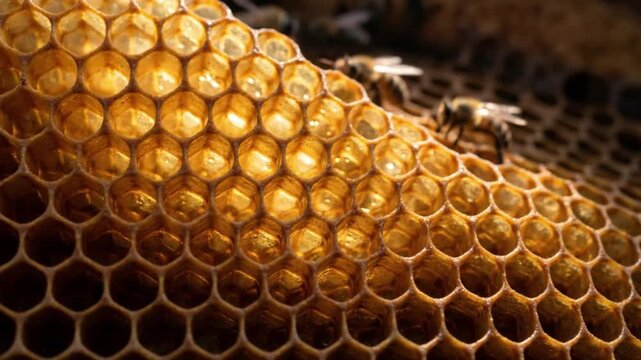 Close-up of shimmering honeycomb hexagons glowing warmly, with bees softly moving among them. Each hexagon casts dynamic shadows, bringing depth to the intricate structure
