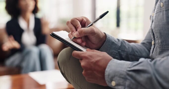 Hands, writing notes and person with therapist, psychology or support for addiction recovery. Counseling, client and consultation with notebook for help, mental health session or listen in office