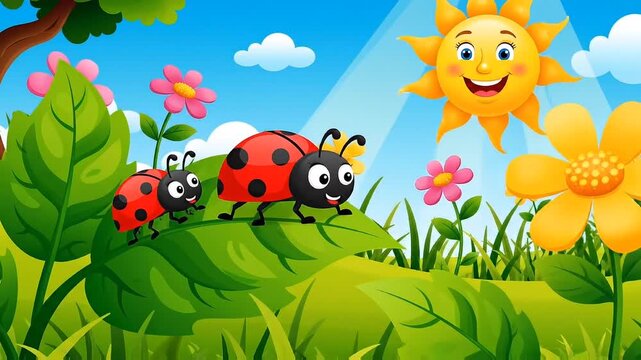 Cute cartoon ladybugs crawl on green leaves in a bright garden with colorful flowers and a smiling sun.