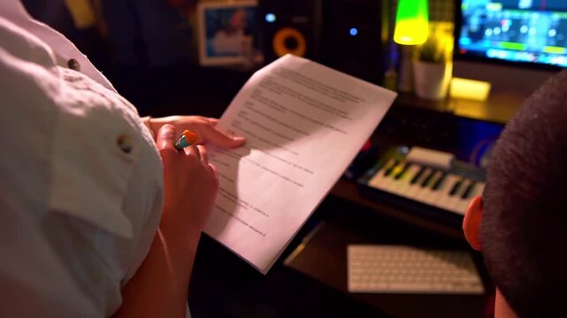 Close-up of female hands holding a sheet of paper with notes. Working in a professional music studio with monitors and equalizer on the screen. Music recording studio. Recording the work process of cr