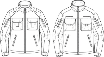 Tactical utility jacket technical flat sketch vector illustration men outdoor clothing design template with multiple pockets and zipper details isolated. © Nazmul 