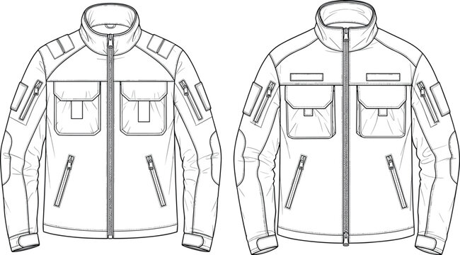 Tactical utility jacket technical flat sketch vector illustration men outdoor clothing design template with multiple pockets and zipper details isolated.