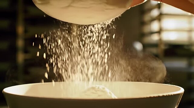 Sifting flour into a bowl with a wire mesh sifter in a warm, well lit kitchen space