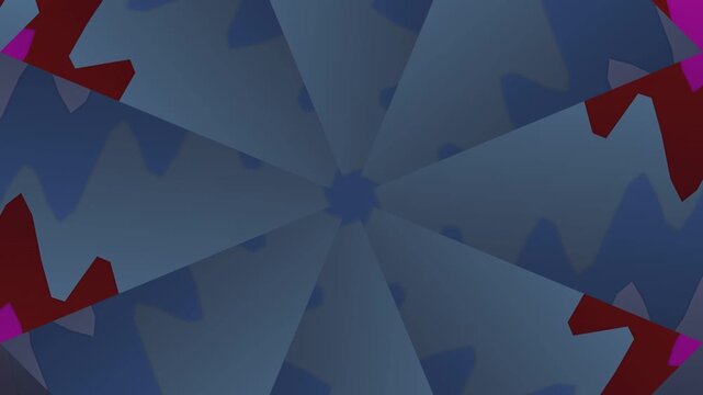 A geometric pattern featuring a central symmetrical design with jagged shapes in shades of blue, purple, and red on a white background