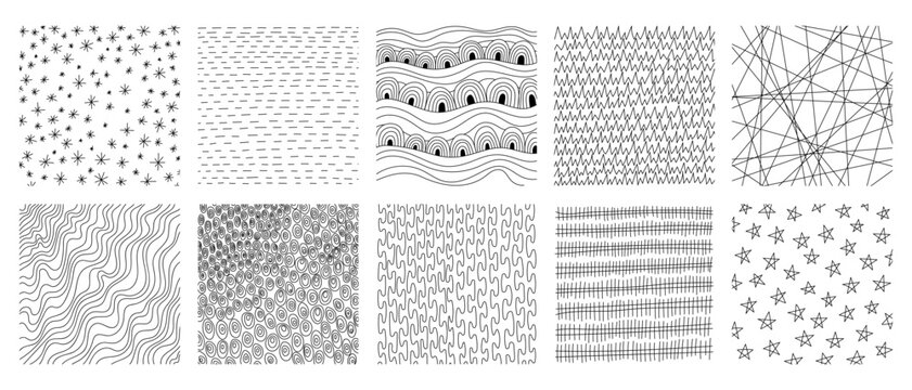 Hand-drawn crosshatch patterns with organic lines and pencil textures vector illustration set. Sketch-style hatching creates depth through diagonal strokes and cross-line shading techniques.
