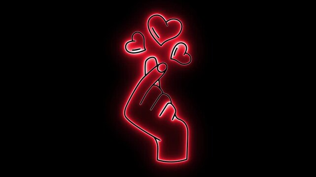 Korean finger heart. Red neon love. Glowing hand sign. Kpop heart gesture. Romantic neon light. Floating hearts art. Mini heart neon. Saranghae sign. Red glow animation. Finger heart icon.