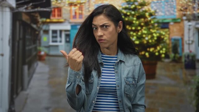 Woman pointing thumb over shoulder on a wet street with storefronts and decorative lights; frustration.