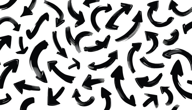 A dynamic collection of hand drawn black brush stroke arrows pointing in various chaotic directions creating a modern abstract seamless pattern background design element.