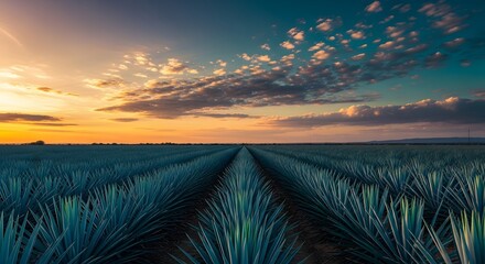 Agave field rows at sunset under vibrant dramatic sky