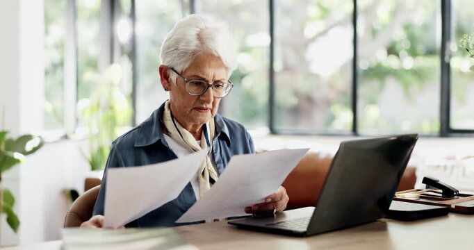 Paperwork, laptop and senior woman outdoor by home for planning pension funds with online banking. Computer, documents and elderly female person with stress for retirement investment by house.