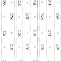 Fototapeta premium Seamless black and white one line pattern with cute Easter bunnies and spring flowers, a minimalist hand-drawn illustration for textile or wallpaper design