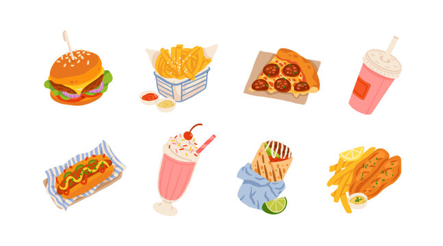 Fast food stickers set. Fish and chips, soda, milkshake, pizza, fries, ketchup, burgers, and burrito. Flat cartoon vibrant illustrations for street food and takeaway concepts.