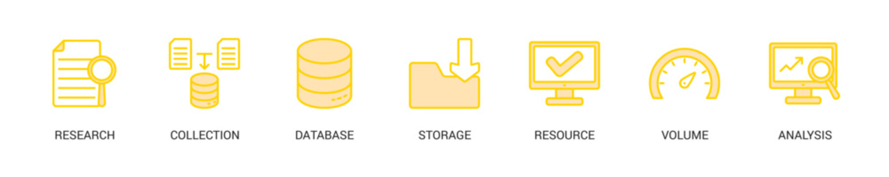 Big Data Lineal Yellow Icon Set For Web Banner. Vector Illustration Concept With Some Icons. Designed In Lineal Yellow Style