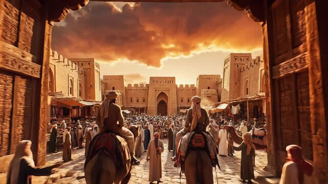 Ancient Middle Eastern cityscape with horseback riders and bustling market scene.