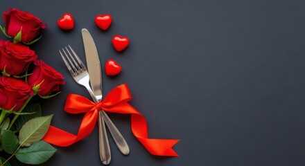 Valentines roses with hearts, ribbon, and silverware Elegant romantic dinner.