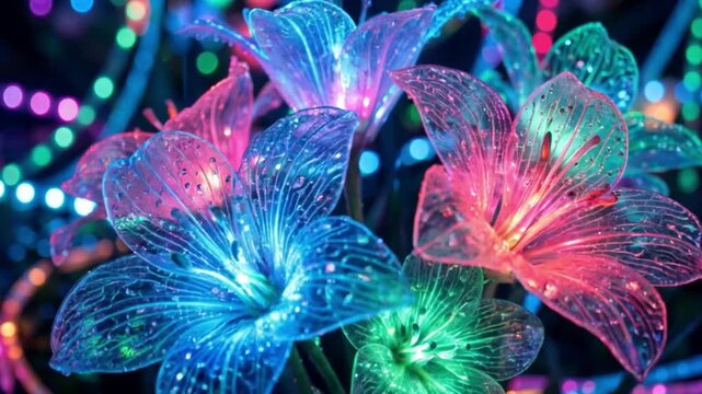Radiant bio-engineered flowers bloom in a neon garden, their petals illuminated in electric blues, fiery pinks, and vibrant greens