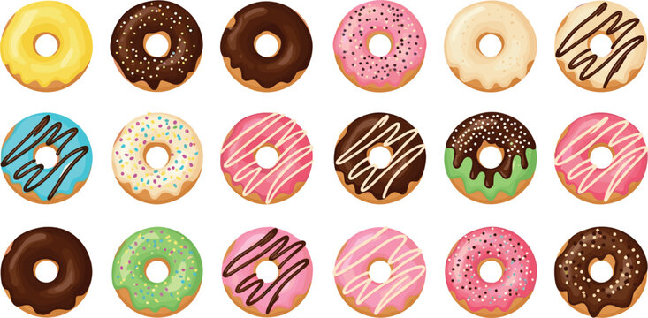 Colorful assorted glazed donuts collection with sprinkles and icing cartoon vector illustration sweet dessert set