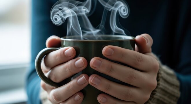Hands Holding Hot Coffee Mug.