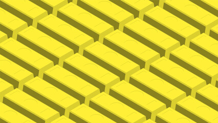 Isometric stacks of precious gold bars with a quality mark stamped. 3D vector background top view at an angle