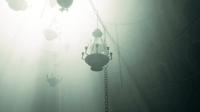 Chandeliers dangle from the ceiling in a dimly lit and foggy environment, creating an atmosphere of mystery. Soft beams of light filter through the haze, enhancing the enchanting mood.