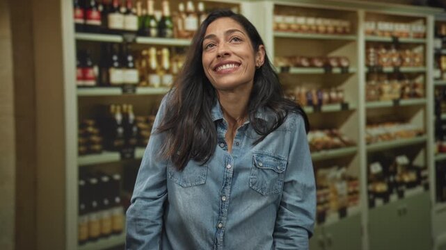 Woman smiling with hands raised and palms visible in a supermarket aisle inside a building; joy celebration.
