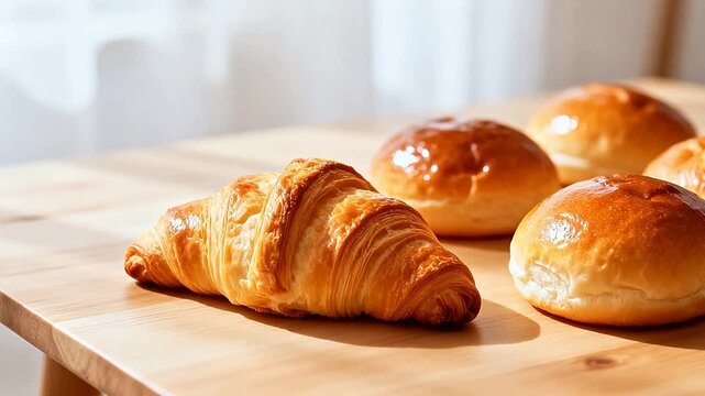 Croissant and bread rolls on wooden table