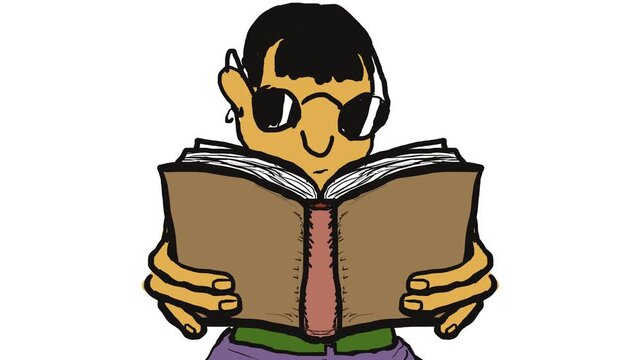 A character with glasses is reading a large book and muttering something, grinning contentedly.