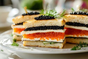 Luxurious layered sandwich with black and red caviar, cream cheese, and fresh dill on toasted white bread, served on an elegant plate