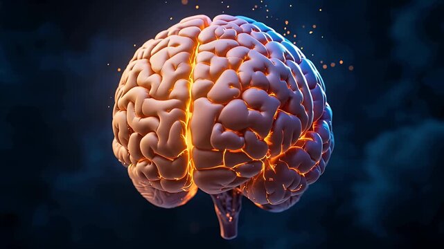 brain close-up: glowing orange blue cortex with particles in dark background