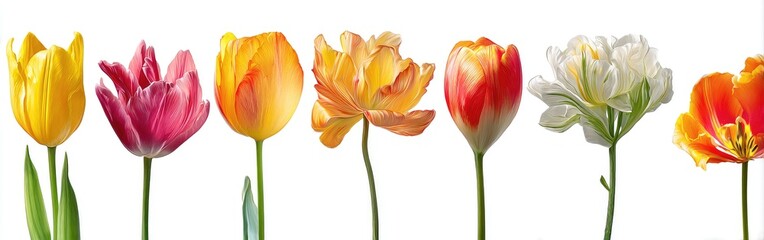 Fototapeta premium A vibrant row of blooming tulips in varying colors against a stark white backdrop
