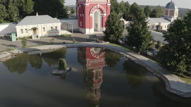 Drone rising view over Davydova Pustyn pond
