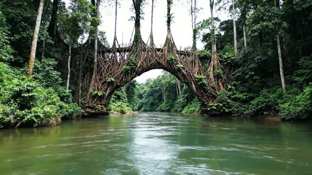 Scenic perspective of a remarkable tree root bridge arching over a calm river in the lush rainforest