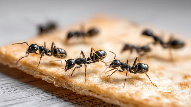 A group of ants are crawling on a piece of bread on a wooden surface