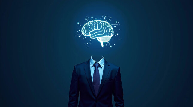 Business suit body with glowing digital brain on dark blue background technology concept