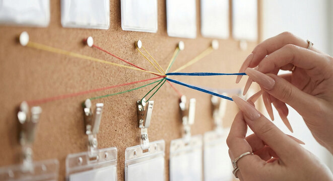 Manicured hands pulling blue thread on corkboard workflow board