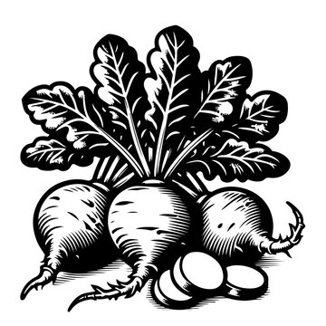 A black and white vector illustration of turnips with leaves and sliced roots