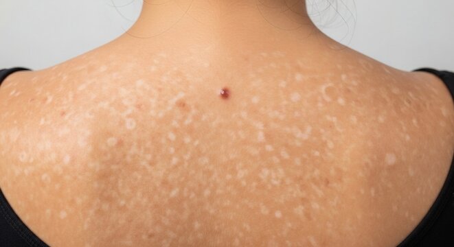 Skin Story Tinea Versicolor marks on womans back with a unique pattern.