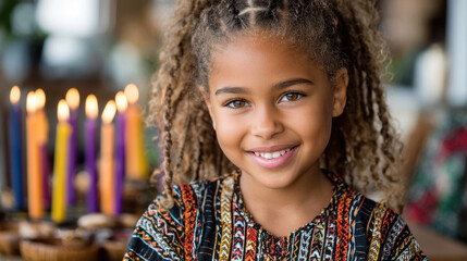 A smiling young girl celebrates Kwanzaa with lit candles, reflecting tradition and unity during this special family time