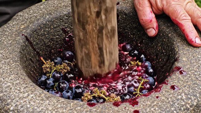 Glistening purple grapes being crushed by a wooden pestle in a stone mortar, showcasing traditional wine-making.