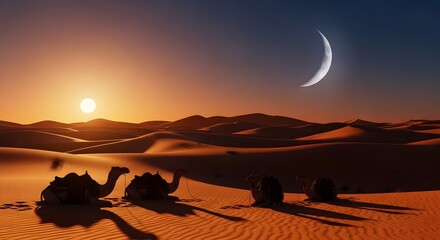 Camels resting in desert at dramatic sunset with crescent moon