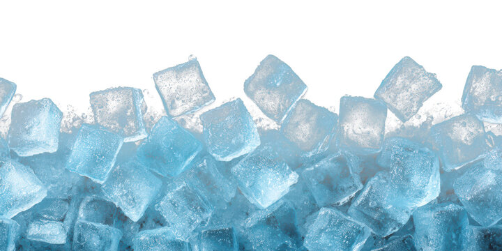 blue cold ice cubes bottom border isolated on white or transparent png