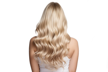 Fototapeta premium back view of a glamour blonde woman with curvy beautiful soft and glossy long hair isolated on white or transparent png