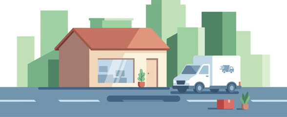 Naklejka premium A quaint house featuring a delivery van stationed outside amidst urban high rises, embodying the theme of modern convenience and suburban life.